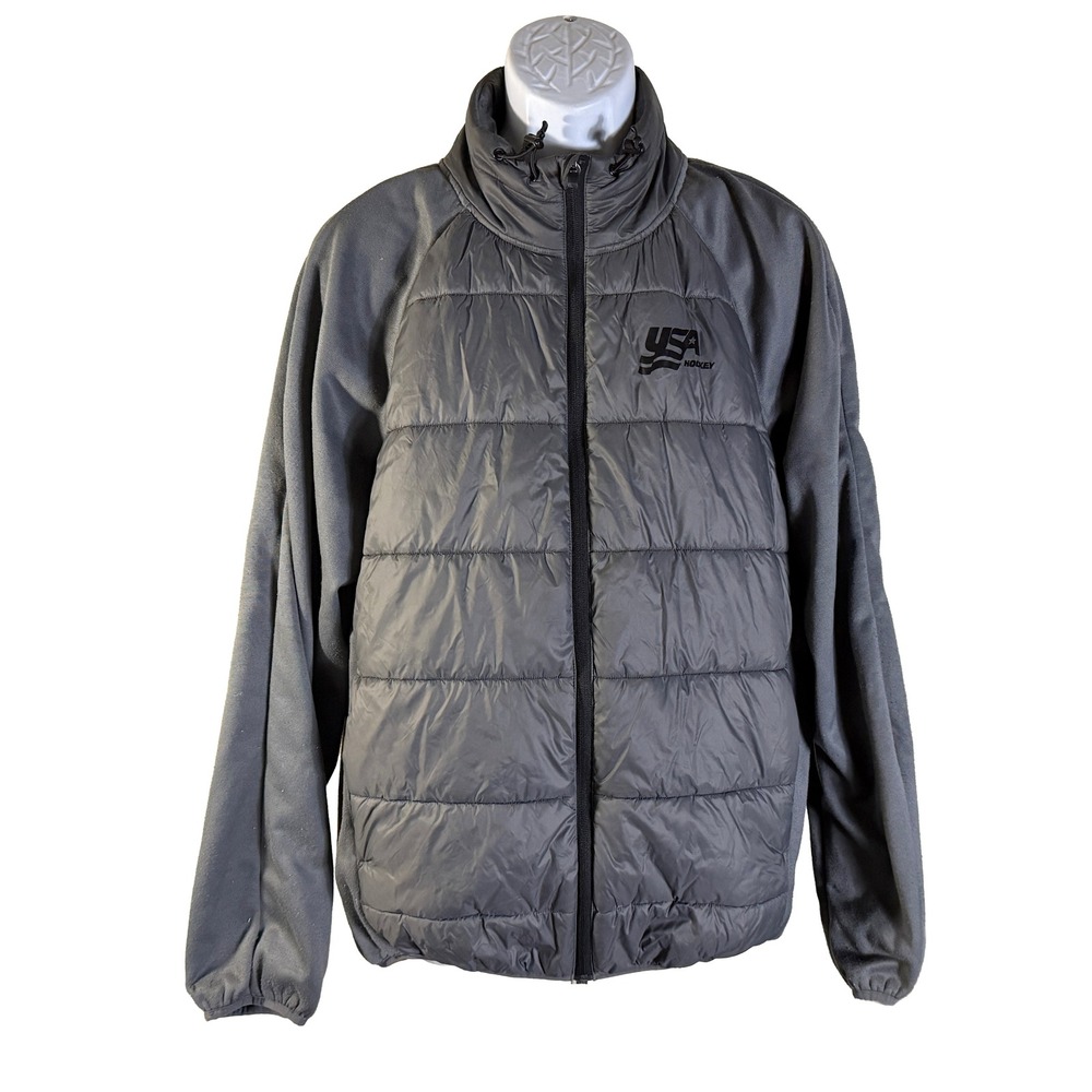 USA Hockey Hybrid Puffer Jacket Mens Large Gray Fleece Sleeve Full Zip Coat‎